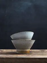 レトロデザインの手作り陶器スープボウル【厚手・高脚・ストライプ模様・家庭用】