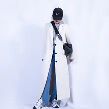 春の新作ロングテーラードジャケット【女性用・カーキ・膝下丈・通勤スタイル】（セットアップ対応）