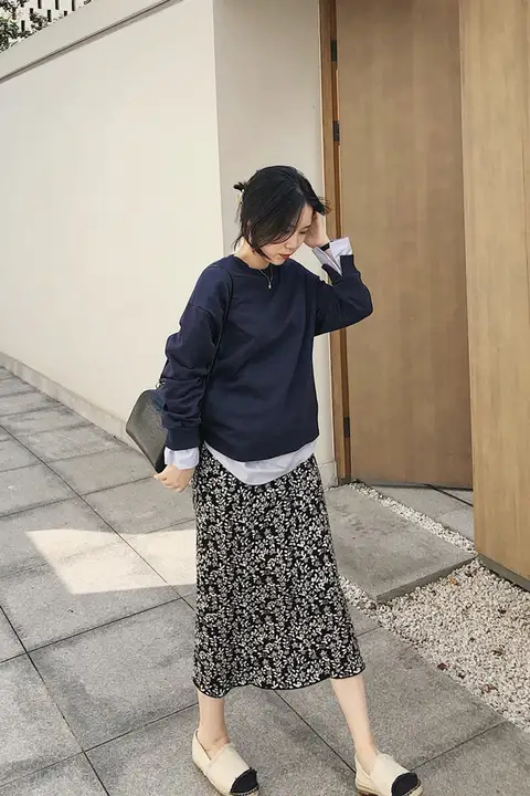 misslady 高腰フラワープリントニットスカート【Aライン・膝下丈・エレガントデザイン】