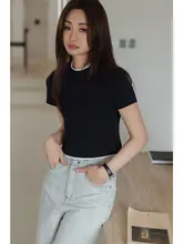 ブルーショルダー短袖Tシャツ【レディース・夏用・スリムフィット・カジュアル】