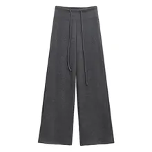 グレーのラフパンツ【ウエストゴム・ドローストリング・ワイドレッグ・高腰・裏起毛】