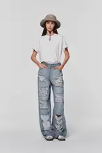 穴あきストレートジーンズ 女性 夏季 ストリート系 補修
