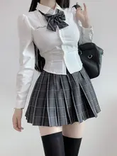 女子学院風JK制服セット【フィット感あるウエスト・長袖シャツ・ショートスカート・秋用】