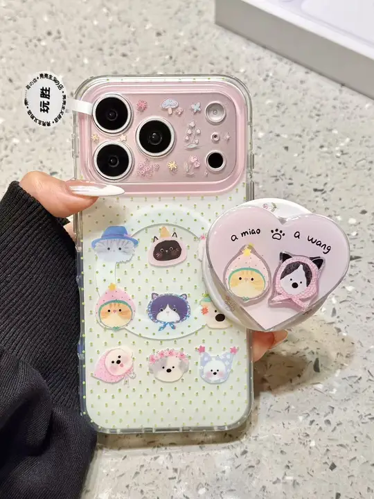 波点デザインの猫と犬のマグネットスタンド付きiPhoneケース【フルカバー・14PM/15Pro/16対応】（セットアップ対応）