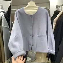 丸首ボタンデザイン ダブルフェイスコート【秋冬用・ゆったり・シンプル・ウール素材】