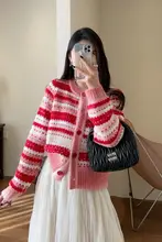 優美なグラデーションピンクストライプニットカーディガン【短袖・レディース・春用】