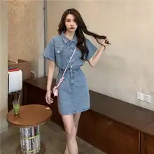 デニムAラインワンピース【ポロカラー・ウエストマーク・レトロスタイル・ショート丈】