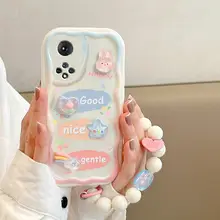 華為用スマートフォンケース【持ちやすいチェーン付き・立体的なウサギとクマデザイン・水滴型・全面保護】