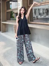 腰果花プリントのワイドレッグパンツとノースリーブトップ【夏用・カジュアル・コントラストカラー】（セットアップ対応）