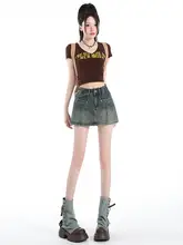 レトロデザインのデニムミニスカート【女性用・ハイウエスト・Aライン】（セットアップ対応）