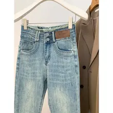 ヴィンテージ風ウォッシュ加工フレアデニムパンツ【ハイウエスト・ストレッチ・ロング丈】（ セットアップ対応）