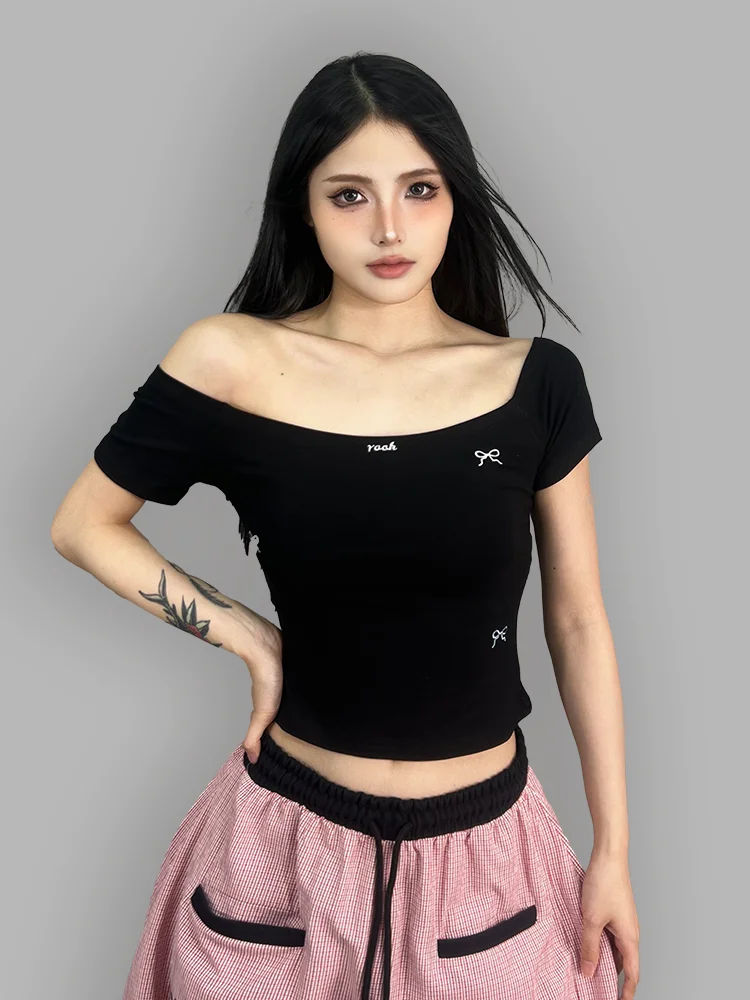 ショルダーオープン 絵柄刺繍Tシャツ【ジャズダンス・短袖・女性用】