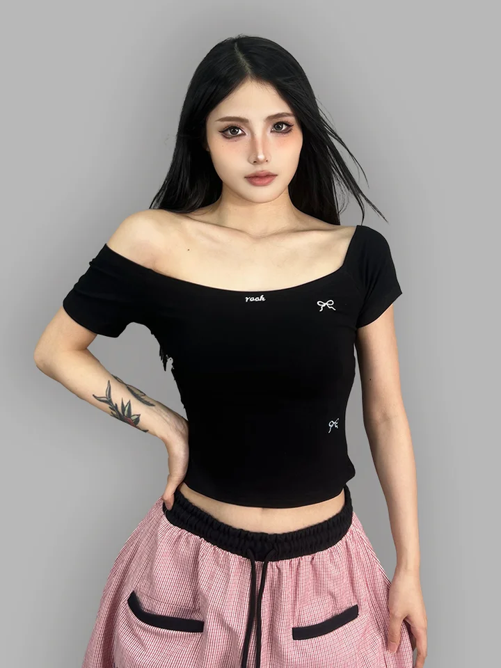 ショルダーオープン 絵柄刺繍Tシャツ【ジャズダンス・短袖・女性用】