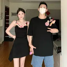 デザイン性の高いカップル用夏用Tシャツとワンピース【短袖・フレンチスタイル】（セットアップ対応）