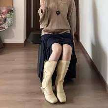 ラウンドトゥ ヴィンテージ風 ウエスタンブーツ【バックル付き・カラーブロックデザイン・女性用・高筒・本革】
