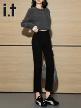 高腰ストレートデニムパンツ【女性用・黒・スリムフィット・九分丈】