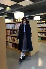 レトロデザインのコート【ミドル丈・ネイビー・立ち襟・小柄女性向け】
