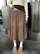 レトロドット柄のハイウエストスカート【ゆったりしたデザイン・秋用・中丈】（セットアップ対応）