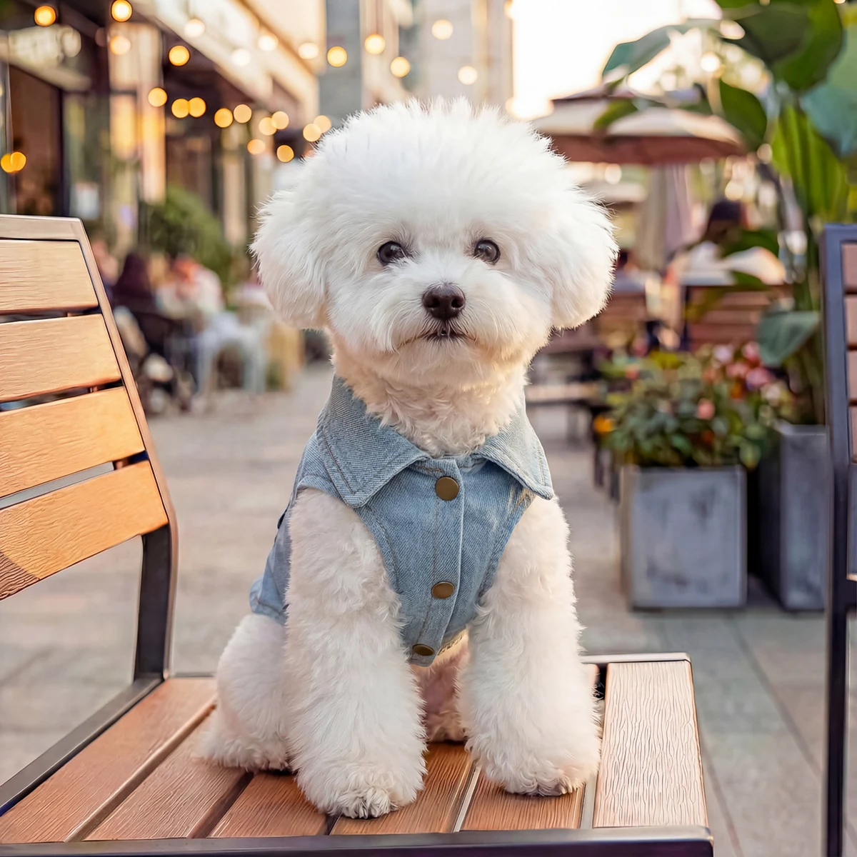 可愛いクマデザインのデニム犬用ジャケット：ハーネス付き犬服の日常使い方とサイズ選び