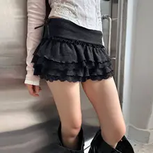 レース切替の黒いリボン付きケーキスカート【Aライン・ハイウエスト・フレアタイプ】