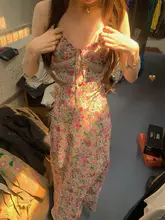 華やかな野バラ柄のフリル付きキャミソールドレス【ウエストシェイプ・ロングスカート・夏用】