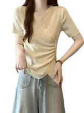大きいサイズ レディース レース切替のアイスシルクニットTシャツ【Vネック・ウエストマーク・短袖】