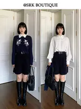 ワイドショーパンツ レディース コーデュロイ フレンチ風 ヴィンテージ ウエストマーク 着痩せ シンプル ベーシック ネイビー 秋冬「SRK」