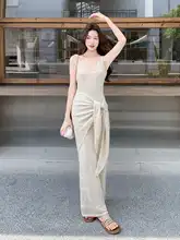フレンチスタイルの透かし編みニットタンクトップとシフォンショール付き半身スカート【夏季・三点セットアップ対応】