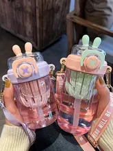可愛いストロー付き水筒【夏用・耐熱プラスチック・斜め掛け・携帯便利】