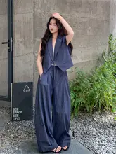 レトロテクスチャーのジャケットベストとワイドパンツ【夏用・優しい印象・大人の女性に最適】（セットアップ対応）