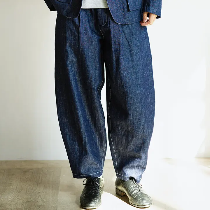麻デニムワイドレッグパンツ【単プリーツ・バルーンシルエット・パリボタン】