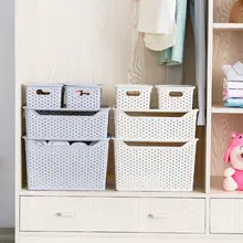 厚手のふた付き収納ボックス【プラスチック製・テーブル用・通気性・編み込み風】