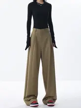 カーキ色のストレートシルエット女性用カジュアルスーツパンツ【ゆったり・スリム効果・秋春対応】（セットアップ対応）