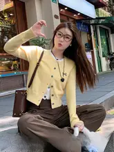 女子用 ニットカーディガン【リボン付き・イエロー・カレッジスタイル・重ね着風デザイン】