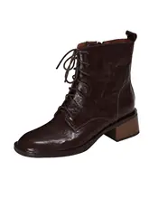 トレンドのレディースレースアップショートブーツ【ソフトラムスキン・太ヒール・英倫風】