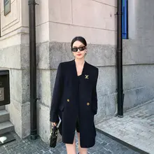 深い色合いの金属チェーン付きダブルフェイス羊毛コート【女性用・冬用・高級感】