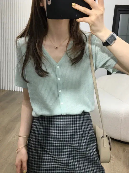 ショートスリーブカーディガン Tシャツ 女性 夏 ウール 細いテクスチャー Vネック 薄型