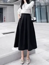 高腰のAライン黒フレアスカート【白いプリーツ・秋冬用・中長丈】（セットアップ対応）