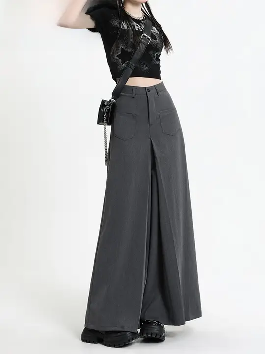 グレー高腰ワイドレッグスーツパンツ【秋冬用・フィット・カジュアル】（セットアップ対応）