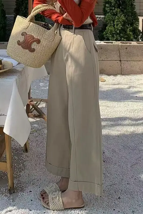 ダークブルーのハイウエストストレートパンツ【九分丈・フィット・秋冬用】