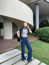 レディース ヴィンテージ風デニムパンツ【ブルー・ワイドフィット・ストレート】（セットアップ対応）