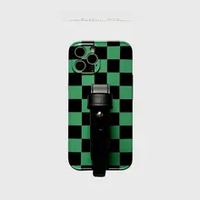 スマホケース 黒緑チェック柄 スタッズ 牛革 フルカバー シンプル ストラップ iPhone 13 12 Pro Max 対応