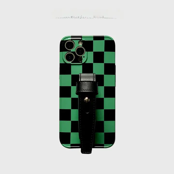 スマホケース 黒緑チェック柄 スタッズ 牛革 フルカバー シンプル ストラップ iPhone 13 12 Pro Max 対応