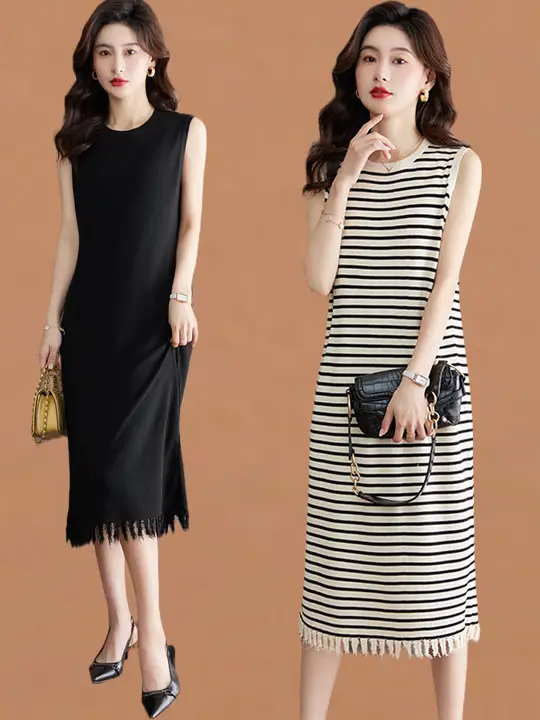 ニットアイスシルクベアトップワンピース【春夏用・中長款・流れるフリンジデザイン】