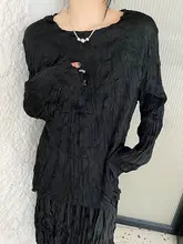 トレンドのデザイン！圧縮プリーツ加工ラウンドネックTシャツ【ゆったりした長袖・ファッション】