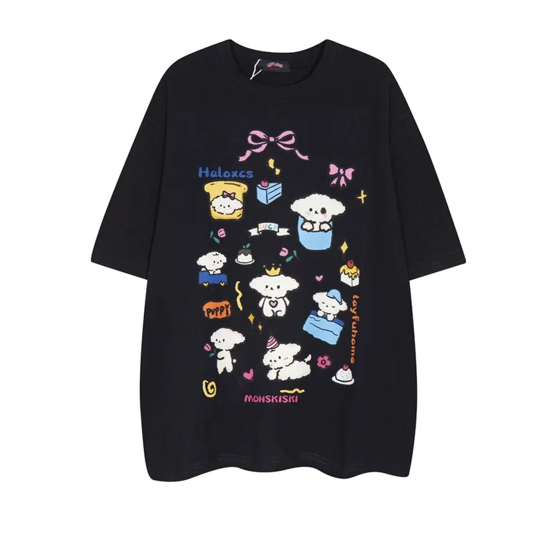 可愛い犬プリントのユニセックスTシャツ：オーバーサイズで夏のカジュアルスタイルを実現