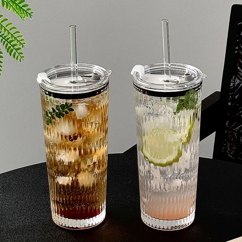 フタ付き 大容量透明ストローカップ【アイスコーヒー用・グラス飲料・おしゃれデザイン】