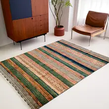 アフガニスタン製 手作りラグ【復古風・ウール編み・ストライプデザイン】