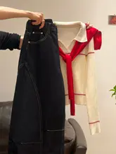 白色翻领のコントラストカラー長袖ニットカーディガンとデニムパンツ【冬用・女性用】【セットアップ対応】