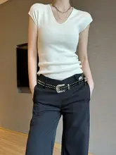 AYINGJIA レディース VネックタイトフィットTシャツ【春用・短袖・ニット・スリムデザイン】